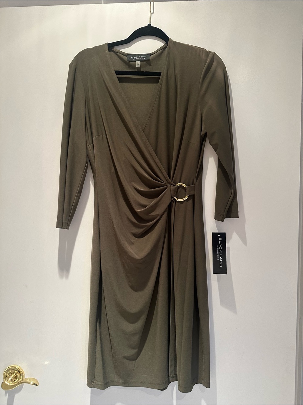 Black Label Olive Faux-Wrap Midi Dress with Gold Ring